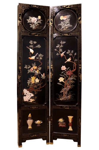 A Chinese Chinoiserie Hardstone-Mounted Black Lacquer Four-Fold Screen, Circa 1930