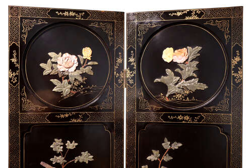 A Chinese Chinoiserie Hardstone-Mounted Black Lacquer Four-Fold Screen, Circa 1930