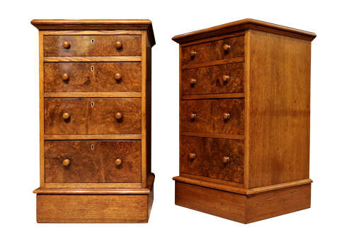 A Pair of Oak and Burr Walnut Pedestal Bedside Chests, circa 1900