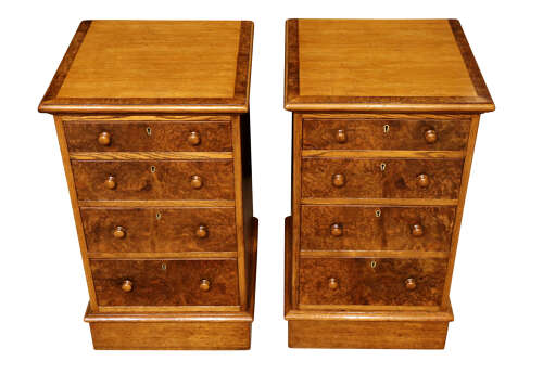 A Pair of Oak and Burr Walnut Pedestal Bedside Chests, circa 1900