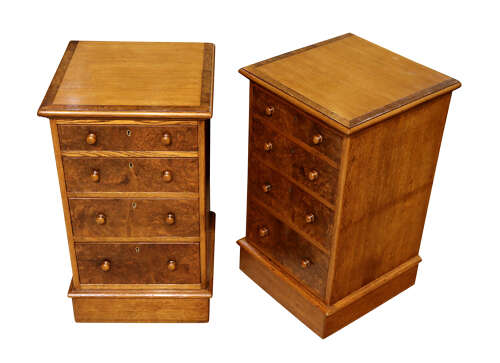 A Pair of Oak and Burr Walnut Pedestal Bedside Chests, circa 1900