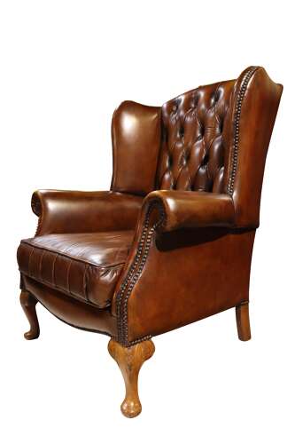Mid-20th Century Brown Leather Wing Chair with Walnut Cabriole Legs – Circa 1960s