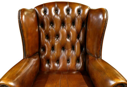 Mid-20th Century Brown Leather Wing Chair with Walnut Cabriole Legs – Circa 1960s