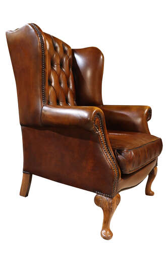 Mid-20th Century Brown Leather Wing Chair with Walnut Cabriole Legs – Circa 1960s