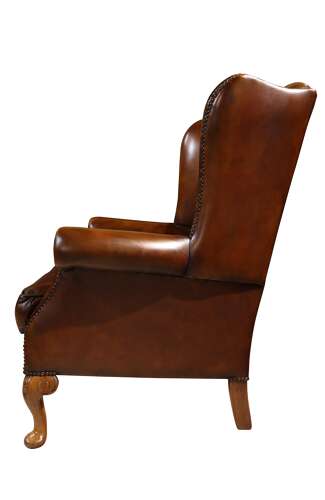 Mid-20th Century Brown Leather Wing Chair with Walnut Cabriole Legs – Circa 1960s