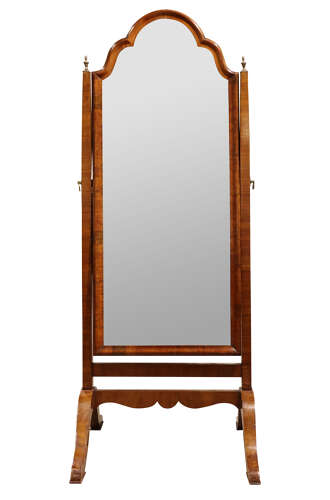 Elegant Edwardian Figured Walnut Cheval Mirror with Bevelled Plate, c.1910