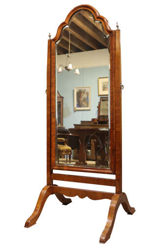 Elegant Edwardian Figured Walnut Cheval Mirror with Bevelled Plate, c.1910