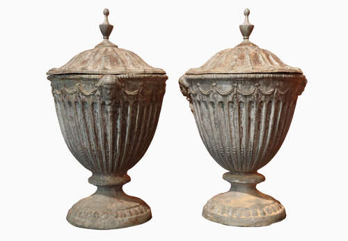 A Good Pair of Early 20th-Century Adam Style Lead Garden Urns with Covers