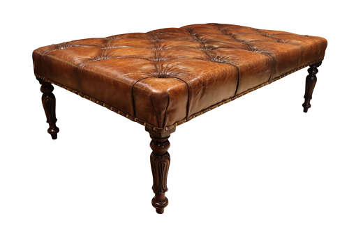 A 19th-Century Mahogany-Framed Deep Buttoned Leather Stool or Coffee Table