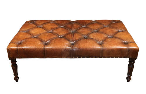 A 19th-Century Mahogany-Framed Deep Buttoned Leather Stool or Coffee Table