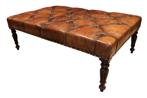 A 19th-Century Mahogany-Framed Deep Buttoned Leather Stool or Coffee Table