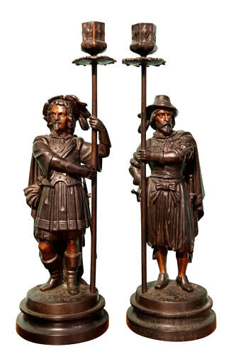 Pair of Victorian Bronze Candlesticks Modelled as Carolean Cavalier Figures, c.1850–1870