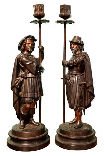 Pair of Victorian Bronze Candlesticks Modelled as Carolean Cavalier Figures, c.1850–1870
