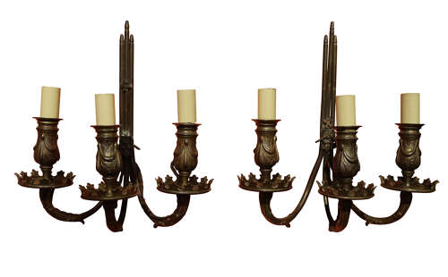 A Pair of Patinated Brass Three-Branch Wall Sconces, circa 1900