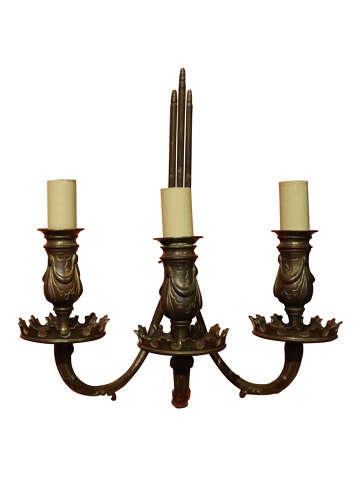 A Pair of Patinated Brass Three-Branch Wall Sconces, circa 1900