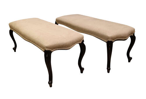 A Pair of Late 19th Century Ebonised Long Stools on Cabriole Legs