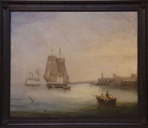Early 19th Century Harbour Scene with Shipping and Coastal Figures, Oil on Canvas