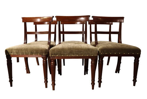 Set of Six Regency Mahogany Bar Back Dining Chairs with Reeded Legs, circa 1820