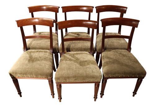 Set of Six Regency Mahogany Bar Back Dining Chairs with Reeded Legs, circa 1820