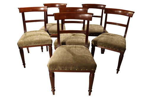 Set of Six Regency Mahogany Bar Back Dining Chairs with Reeded Legs, circa 1820