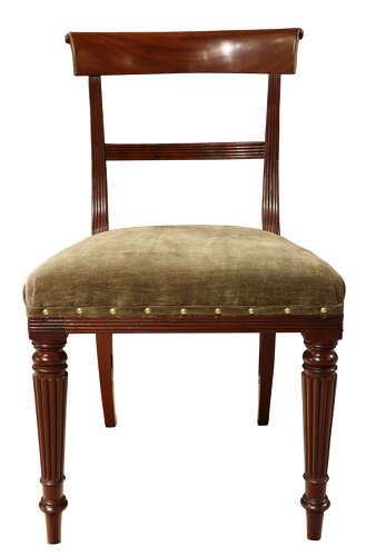 Set of Six Regency Mahogany Bar Back Dining Chairs with Reeded Legs, circa 1820