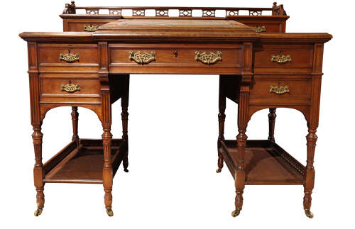 Edwardian Walnut Dickens Style Writing Desk with Leather Inset Top & Gallery Back, c.1900