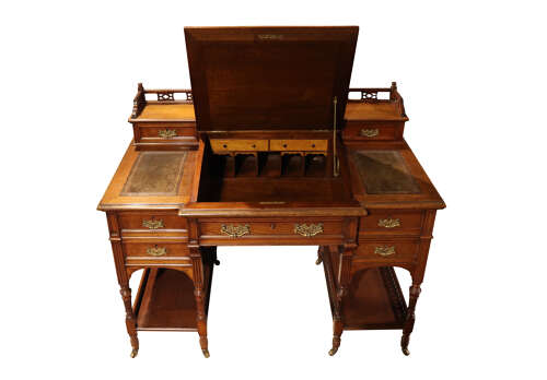 Edwardian Walnut Dickens Style Writing Desk with Leather Inset Top & Gallery Back, c.1900