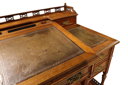 Edwardian Walnut Dickens Style Writing Desk with Leather Inset Top & Gallery Back, c.1900