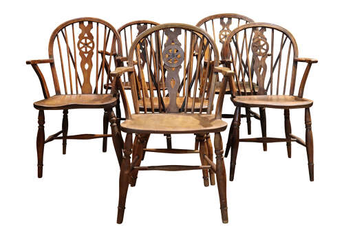 Set of Six Thames Valley Harlequin Wheelback Windsor Armchairs in Mixed Native Woods