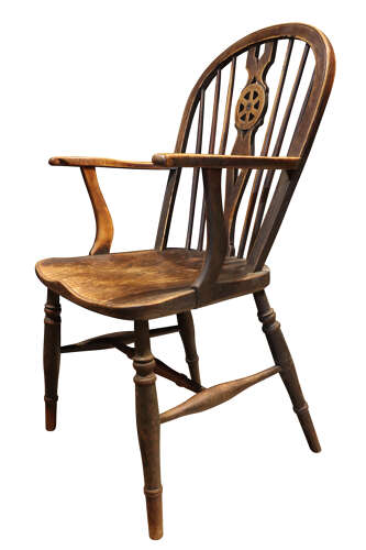 Set of Six Thames Valley Harlequin Wheelback Windsor Armchairs in Mixed Native Woods