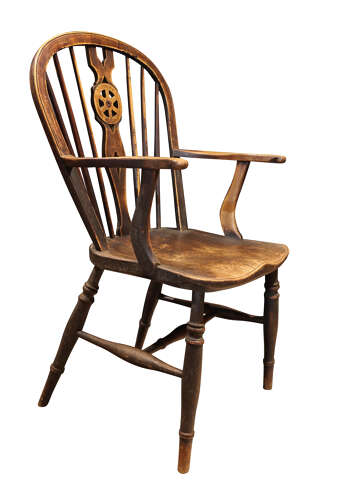 Set of Six Thames Valley Harlequin Wheelback Windsor Armchairs in Mixed Native Woods