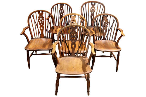 Set of Six Thames Valley Harlequin Wheelback Windsor Armchairs in Mixed Native Woods