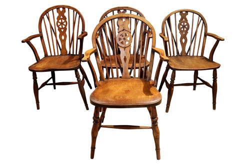 Set of Six Thames Valley Harlequin Wheelback Windsor Armchairs in Mixed Native Woods