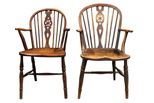 Set of Six Thames Valley Harlequin Wheelback Windsor Armchairs in Mixed Native Woods