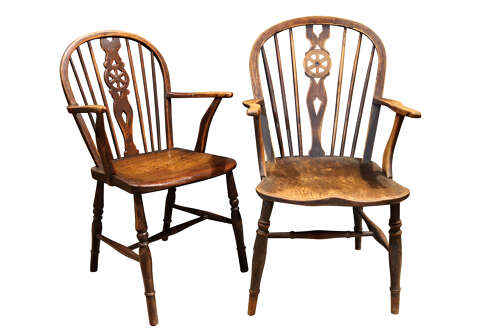 Set of Six Thames Valley Harlequin Wheelback Windsor Armchairs in Mixed Native Woods