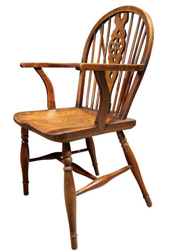 Set of Six Thames Valley Harlequin Wheelback Windsor Armchairs in Mixed Native Woods