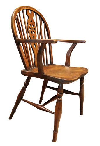 Set of Six Thames Valley Harlequin Wheelback Windsor Armchairs in Mixed Native Woods