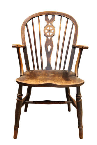Set of Six Thames Valley Harlequin Wheelback Windsor Armchairs in Mixed Native Woods