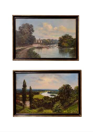 Pair of Framed Oil Paintings of Petersham Meadow and Richmond Bridge, Signed J. Lewis