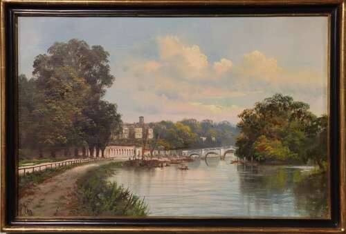 Pair of Framed Oil Paintings of Petersham Meadow and Richmond Bridge, Signed J. Lewis