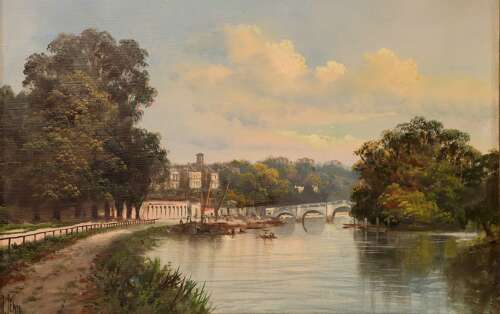 Pair of Framed Oil Paintings of Petersham Meadow and Richmond Bridge, Signed J. Lewis