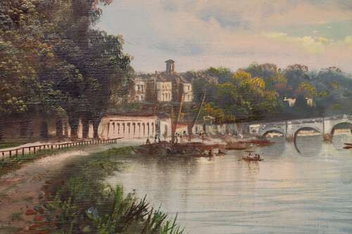 Pair of Framed Oil Paintings of Petersham Meadow and Richmond Bridge, Signed J. Lewis