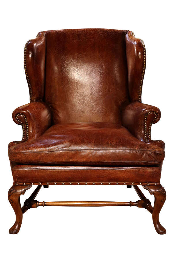 Antique 19th Century Hand-Coloured Leather Wing Armchair on Walnut Cabriole Legs