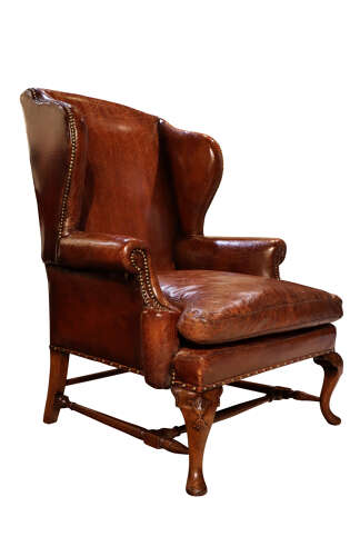 Antique 19th Century Hand-Coloured Leather Wing Armchair on Walnut Cabriole Legs