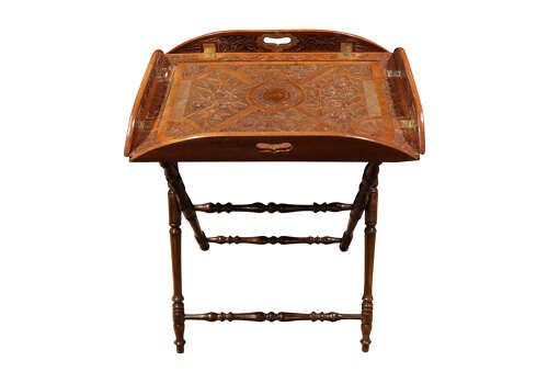 Unusual 19th Century Carved Walnut Folding Tray Table on Stand