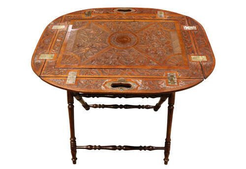 Unusual 19th Century Carved Walnut Folding Tray Table on Stand
