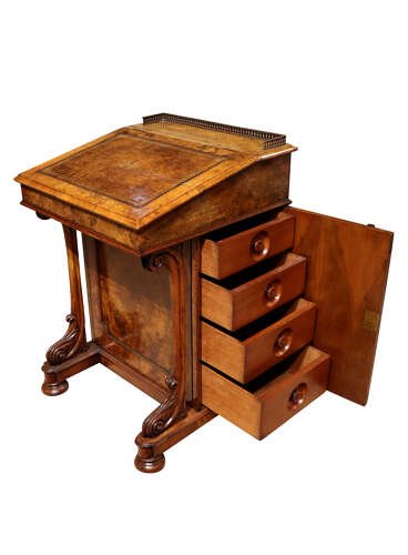 Mid-19th Century Burr Walnut Davenport Desk with Satinwood Interior, Circa 1860