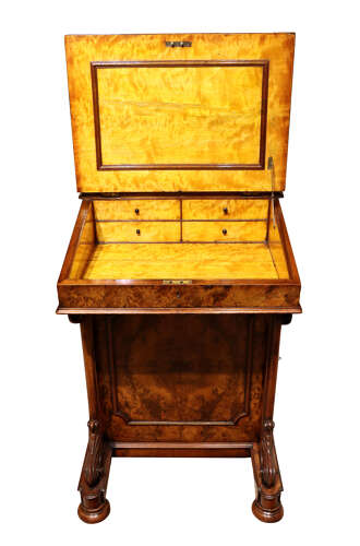 Mid-19th Century Burr Walnut Davenport Desk with Satinwood Interior, Circa 1860