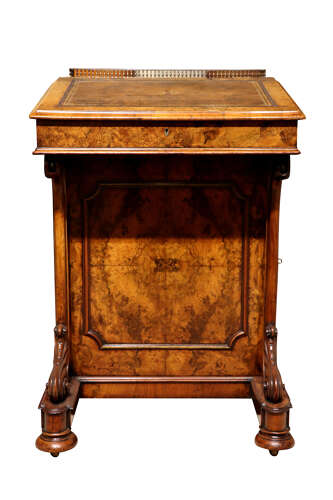 Mid-19th Century Burr Walnut Davenport Desk with Satinwood Interior, Circa 1860