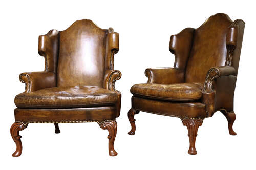 Pair of George I Style Walnut & Leather Wing Armchairs, Circa 1930